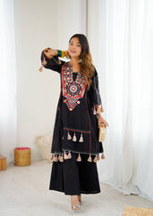 Pretty Black Khadi Cotton Embroidery Work Co-ord Set