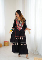 Pretty Black Khadi Cotton Embroidery Work Co-ord Set