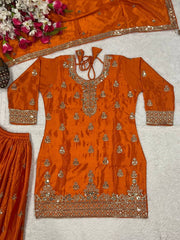 Alluring Orange Chinon Silk Sequence Work Sharara Suit