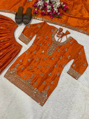 Alluring Orange Chinon Silk Sequence Work Sharara Suit