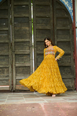 Designer Yellow Georgette Bandhani Work Gown