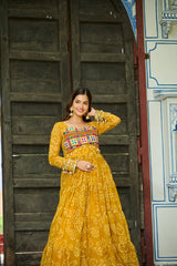 Designer Yellow Georgette Bandhani Work Gown