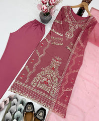 Pretty Pink Georgette Embroidery Work Palazzo Suit