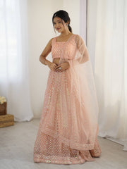 Awesome Peach Net Rainbow Work Lehenga Choli
