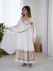 Stylish White Georgette Embroidery Work Gown