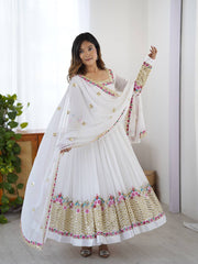 Stylish White Georgette Embroidery Work Gown