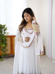 Stylish White Georgette Embroidery Work Gown