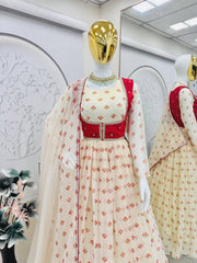 Pretty Red Georgette Print Work koti With Gown