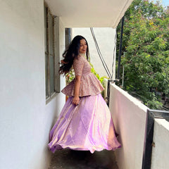 Ravishing Purple Crunchy Silk Embroidery Top With Lehenga