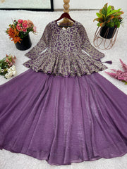 Ravishing Purple Crunchy Silk Embroidery Top With Lehenga