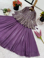 Ravishing Purple Crunchy Silk Embroidery Top With Lehenga