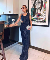 Awesome Navy Blue Georgette Thread Work Saree