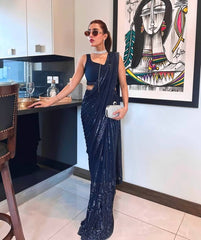 Awesome Navy Blue Georgette Thread Work Saree