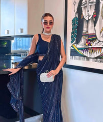 Awesome Navy Blue Georgette Thread Work Saree