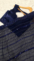 Awesome Navy Blue Georgette Thread Work Saree