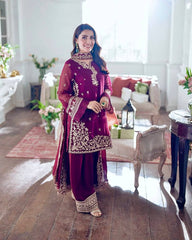 Trendy Maroon Crepe Embroidery Palazzo Suit