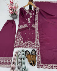 Trendy Maroon Crepe Embroidery Palazzo Suit