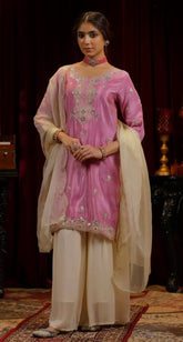 Pretty Pink Chinon Silk Sequence Work Palazzo Suit