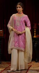 Pretty Pink Chinon Silk Sequence Work Palazzo Suit