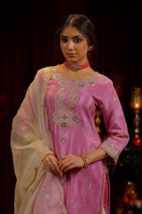 Pretty Pink Chinon Silk Sequence Work Palazzo Suit