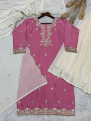 Pretty Pink Chinon Silk Sequence Work Palazzo Suit