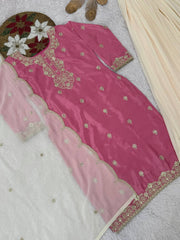 Pretty Pink Chinon Silk Sequence Work Palazzo Suit
