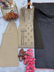 Stylish Beige Georgette Sequence Work Straight Kurti With Palazzo