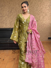 Trendy Olive Green Jimmy Choo Sequence Work Palazzo Suit