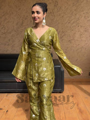 Trendy Olive Green Jimmy Choo Sequence Work Palazzo Suit