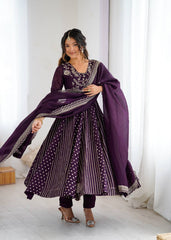Attractive Wine Silk Embroidery Work Gown