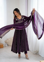 Attractive Wine Silk Embroidery Work Gown