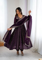 Attractive Wine Silk Embroidery Work Gown