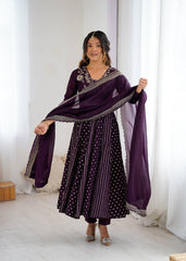 Attractive Wine Silk Embroidery Work Gown