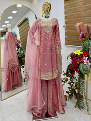 Trendy Pink Fandy Crash Embroidery Work Sharara Suit