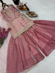 Trendy Pink Fandy Crash Embroidery Work Sharara Suit