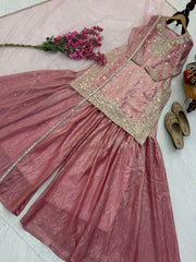 Trendy Pink Fandy Crash Embroidery Work Sharara Suit