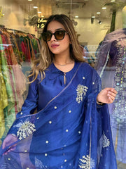 Attractive Blue Crepe Silk Sequence Work Palazzo Suit