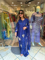 Attractive Blue Crepe Silk Sequence Work Palazzo Suit