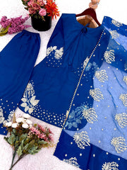 Attractive Blue Crepe Silk Sequence Work Palazzo Suit