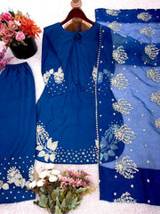 Attractive Blue Crepe Silk Sequence Work Palazzo Suit