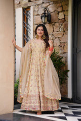 Lovely Peach Georgette Thread Work Gown