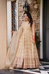 Lovely Peach Georgette Thread Work Gown