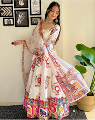 Glorious White Satin Silk Mirror Work Gown