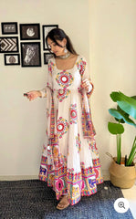 Glorious White Satin Silk Mirror Work Gown