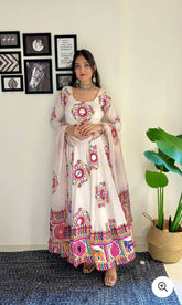 Glorious White Satin Silk Mirror Work Gown