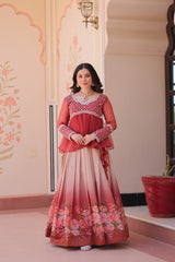 Trendy Red Chiffon Beads Embroidered Top With Lehenga
