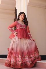 Trendy Red Chiffon Beads Embroidered Top With Lehenga