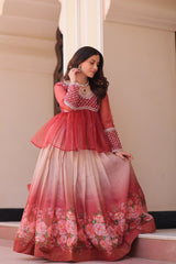 Trendy Red Chiffon Beads Embroidered Top With Lehenga