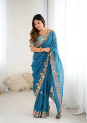 Ravishing Blue Silk Embroidery Work Saree
