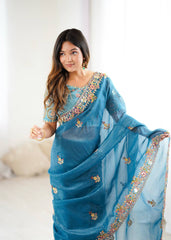 Ravishing Blue Silk Embroidery Work Saree